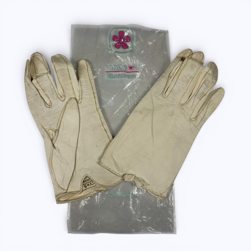 Macy's Marchioness Gloves Ivory Washable Leather Made in Italy Bow Womens Size 7